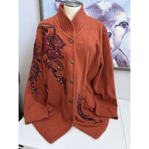 Bob Mackie Wearable Art Women's‎ Vintage Orange Embroidered Fleece Button Jacket